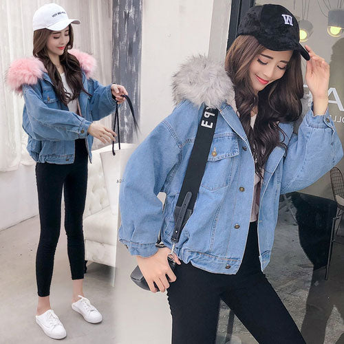 20%OFF ボア×エコファーフード付きデニムジャケット韓国風 コート秋冬新品 2色