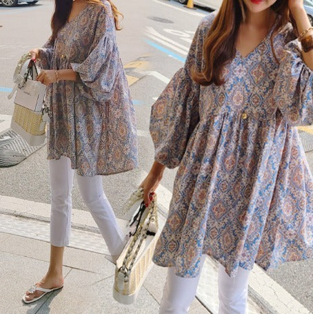 ボリューム袖ペイズリーブラウス  レデイース