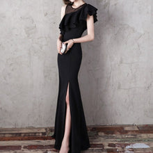 画像をギャラリービューアに読み込む, パーティードレス マーメイド フリル マキシ丈 スリット 無地