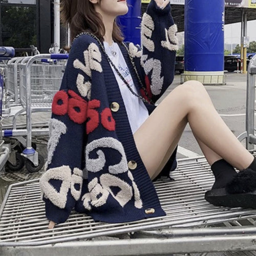 カーディガン ルーズニット ボア 英字ロゴ オーバーサイズ