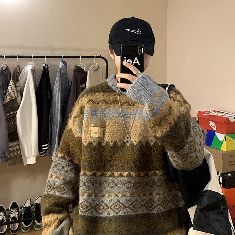 メンズ ニット セーター ネイティブ柄 秋春コーデ 総柄 2色