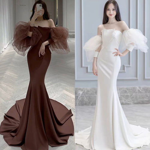 オフショルダー ボリューム袖 マーメイドドレス 2色