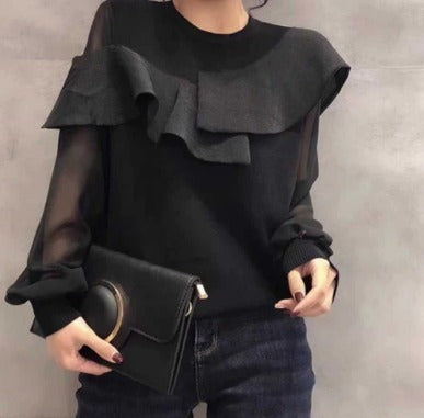 シースルーフリルニット  レデイース ブラック