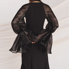 画像をギャラリービューアに読み込む, シースルーボリューム袖 ブラックパーティドレス 演奏会 二次会