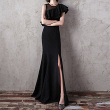 画像をギャラリービューアに読み込む, パーティードレス マーメイド フリル マキシ丈 スリット 無地