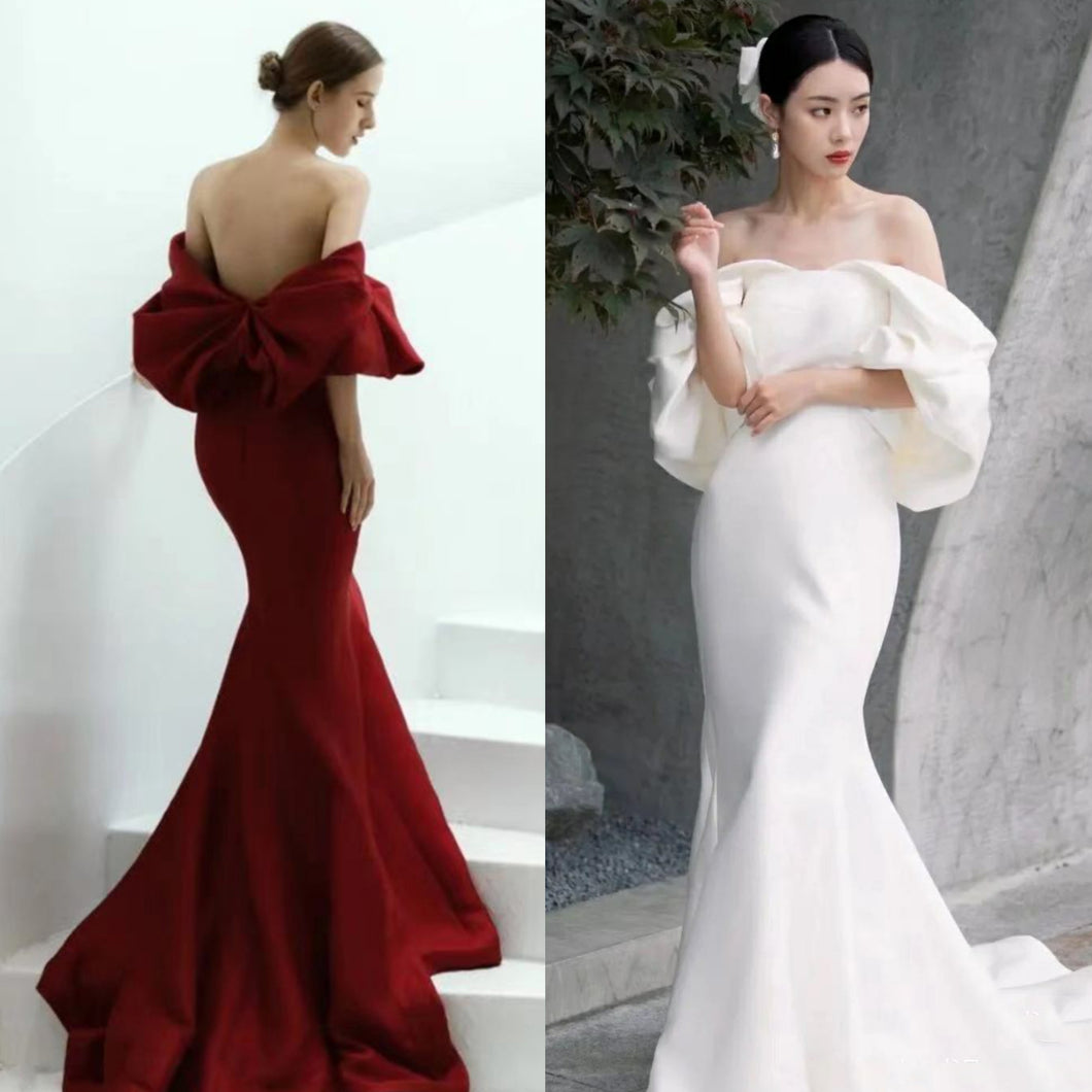 オフショルダー パフスリーブ サテンマーメイドドレス  2色
