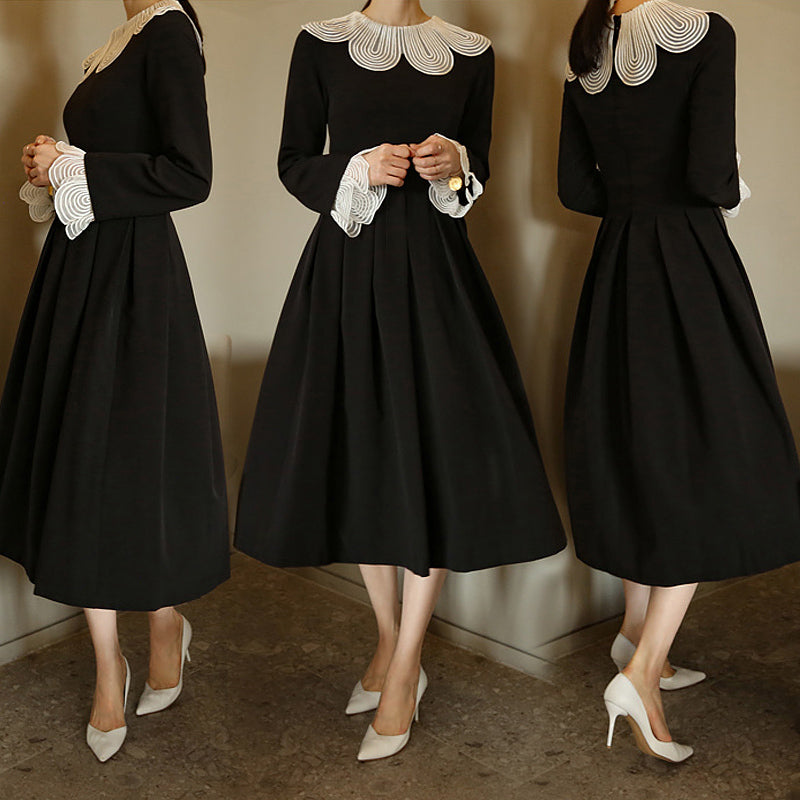 フラワーカラー　襟付き　フレアワンピース　シア襟ワンピース