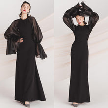 画像をギャラリービューアに読み込む, シースルーボリューム袖 ブラックパーティドレス 演奏会 二次会