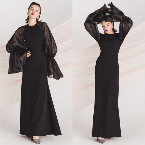 シースルーボリューム袖 ブラックパーティドレス 演奏会 二次会