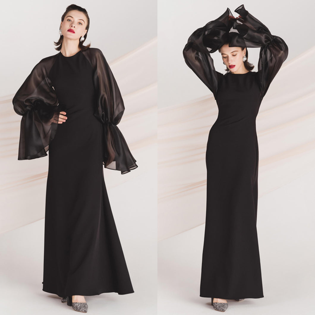 シースルーボリューム袖 ブラックパーティドレス 演奏会 二次会