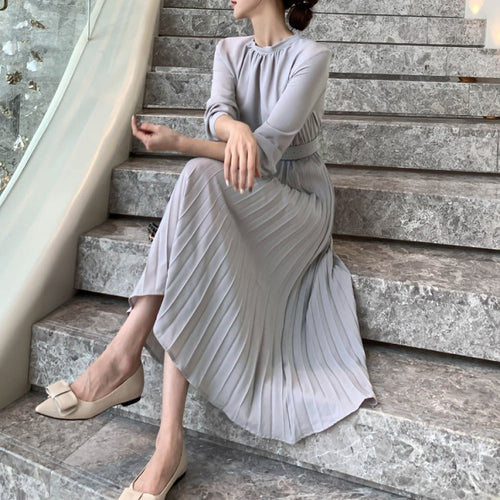 プリーツワンピース ロングワンピ 結婚式 パーティードレス 長袖