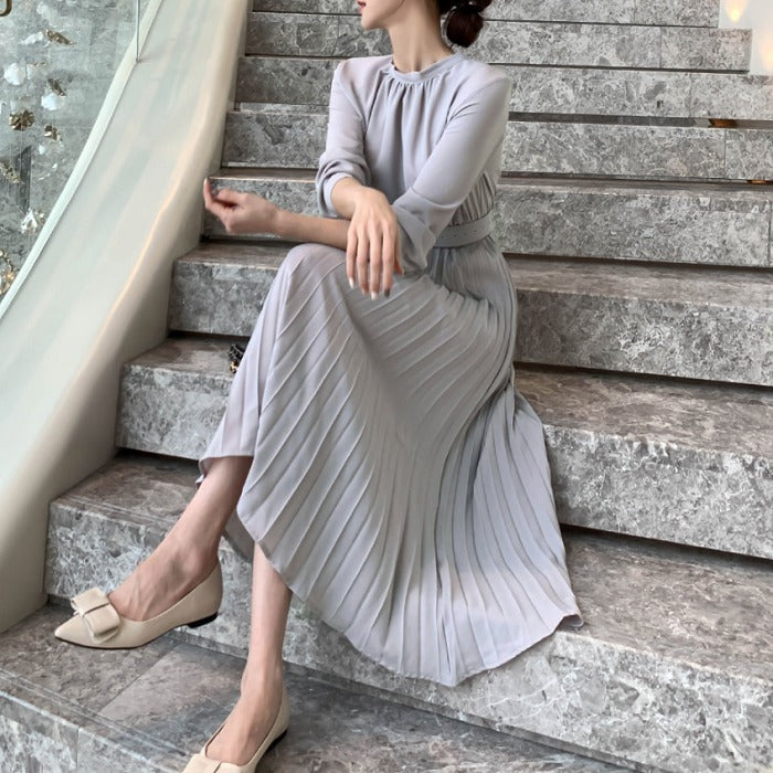 プリーツワンピース ロングワンピ 結婚式 パーティードレス 長袖