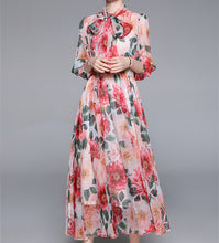 画像をギャラリービューアに読み込む, ワンピース 花柄 シフォン 柄ワンピ Ａライン 7分袖 ロング丈