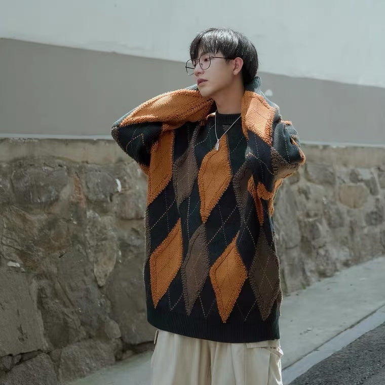 ユニセックス ニット セーター 柄 メンズ ゆったり アーガイル