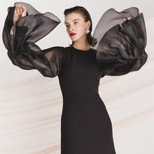 画像をギャラリービューアに読み込む, シースルーボリューム袖 ブラックパーティドレス 演奏会 二次会