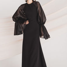 画像をギャラリービューアに読み込む, シースルーボリューム袖 ブラックパーティドレス 演奏会 二次会