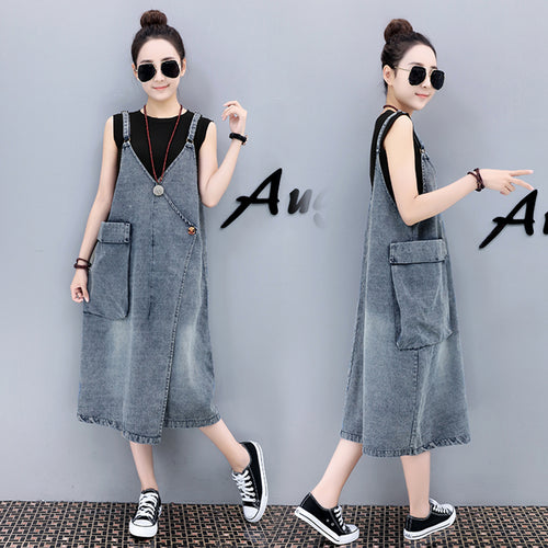デニムワンピース ロングワンピース つりワンピース 韓国風 秋冬