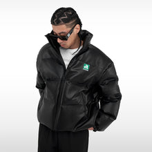 画像をギャラリービューアに読み込む, AFGK フェイクレザー 3D 立体 サークルロゴ ダウンジャケット