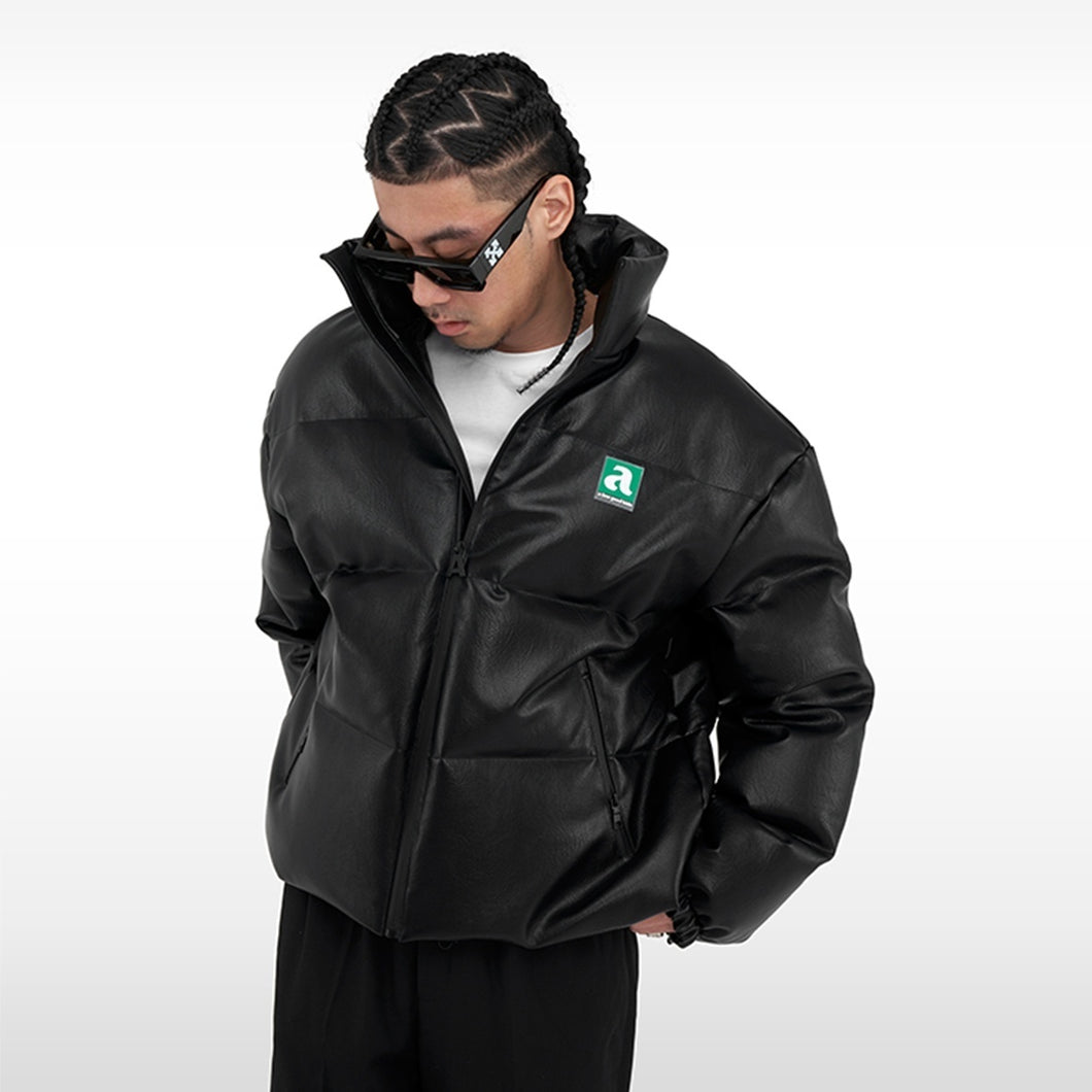 AFGK フェイクレザー 3D 立体 サークルロゴ ダウンジャケット