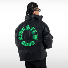 画像をギャラリービューアに読み込む, AFGK フェイクレザー 3D 立体 サークルロゴ ダウンジャケット