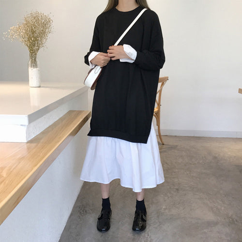 レディースシャツブラウスワンピ コントラストカラー ひざ丈ワンピース 秋冬