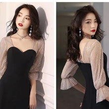 画像をギャラリービューアに読み込む, パーティードレス マキシ丈 Aライン 袖付き ラメ ブラック