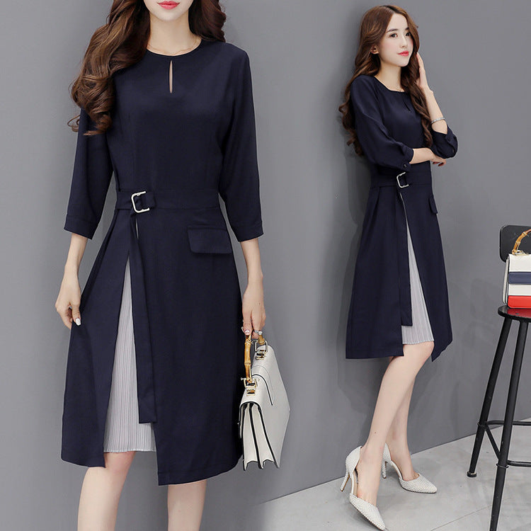 レディースワンピースストレッチひざ丈プリーツフォーマル着痩せ ネイビー