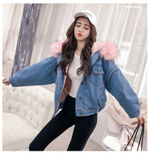 画像をギャラリービューアに読み込む, 20%OFF ボア×エコファーフード付きデニムジャケット韓国風 コート秋冬新品 2色