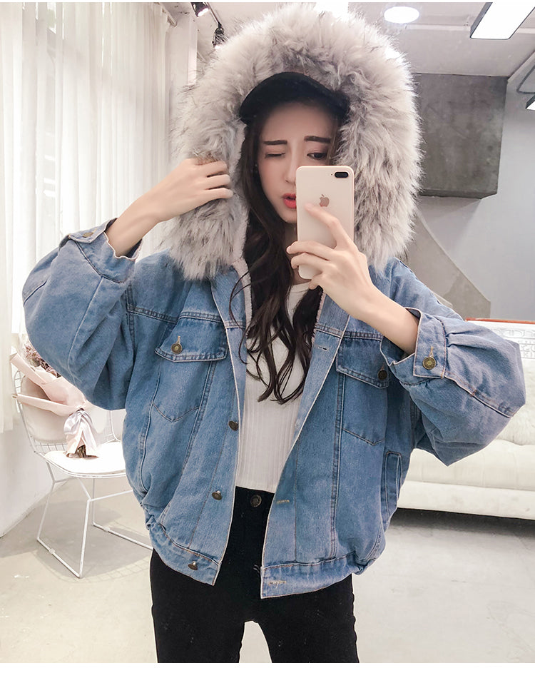20%OFF ボア×エコファーフード付きデニムジャケット韓国風 コート秋冬新品 2色
