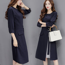 画像をギャラリービューアに読み込む, レディースワンピースストレッチひざ丈プリーツフォーマル着痩せ ネイビー