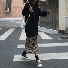 画像をギャラリービューアに読み込む, 大人気☆ 新品 レオパード柄ドッキングワンピース ロング トレーナー  ブラック　ベージュ