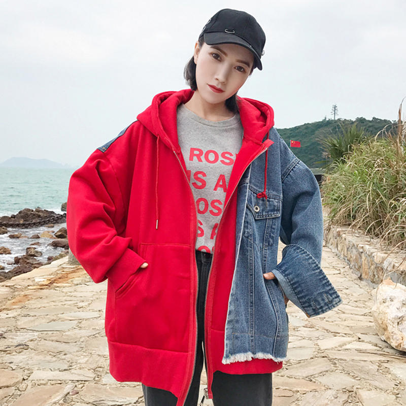 大好評ドッキングパーカー デニム スウェット 赤 カップル