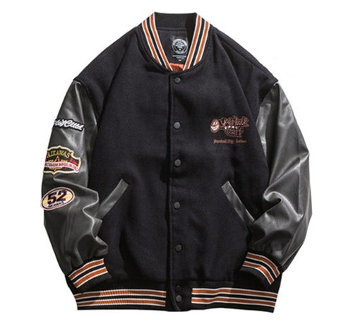 スタジャン　レトロ　刺繍　PUレザーステッチ　ストリート