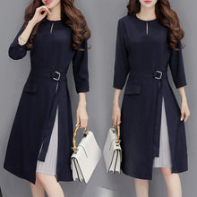 画像をギャラリービューアに読み込む, レディースワンピースストレッチひざ丈プリーツフォーマル着痩せ ネイビー