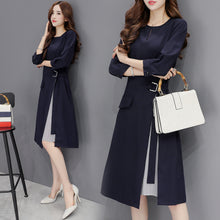 画像をギャラリービューアに読み込む, レディースワンピースストレッチひざ丈プリーツフォーマル着痩せ ネイビー