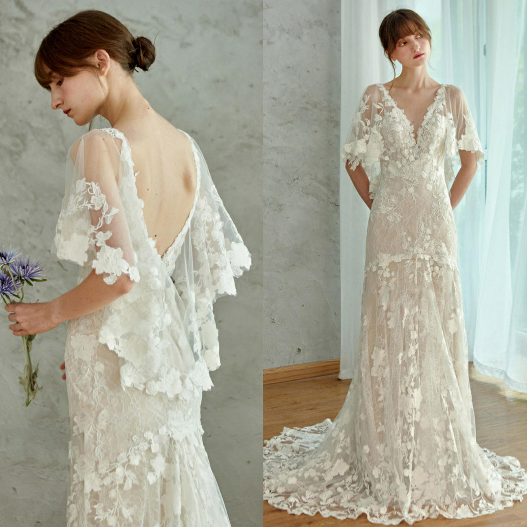 Vネック フリル袖 レースウエディングドレス 二次会 フォト