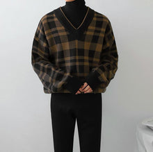 画像をギャラリービューアに読み込む, メンズ チェック柄 ニット セーター 韓国 Vネック  2色
