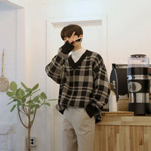 画像をギャラリービューアに読み込む, メンズ チェック柄 ニット セーター 韓国 Vネック  2色