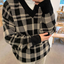 画像をギャラリービューアに読み込む, メンズ チェック柄 ニット セーター 韓国 Vネック  2色