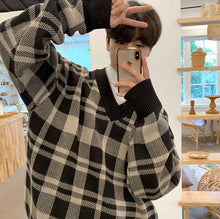 画像をギャラリービューアに読み込む, メンズ チェック柄 ニット セーター 韓国 Vネック  2色