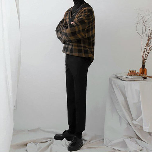 メンズ チェック柄 ニット セーター 韓国 Vネック  2色