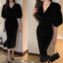 画像をギャラリービューアに読み込む, ロングワンピース パーディードレス ベロア Vネック エレガント