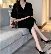 画像をギャラリービューアに読み込む, ロングワンピース パーディードレス ベロア Vネック エレガント