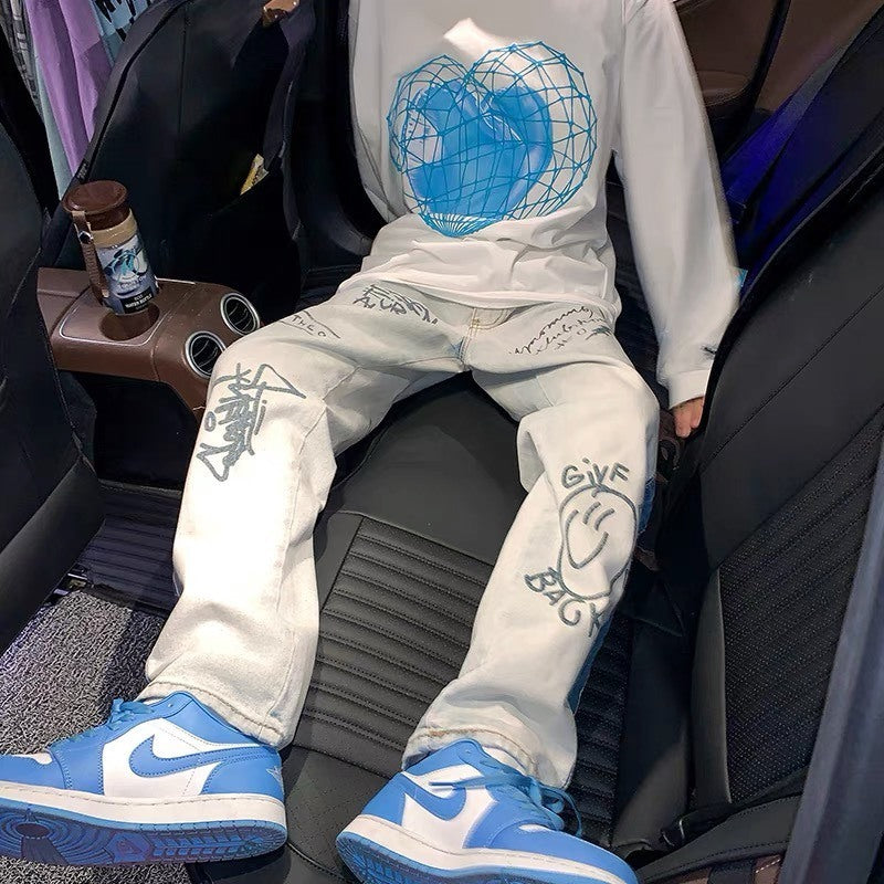 ワイドレッグパンツ ライン ルーズ ロゴ 柄パン ストリート 2色