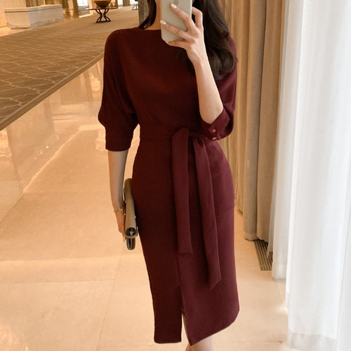 パーティードレス リボンベルト エレガント ワンピース レッド 秋冬新品